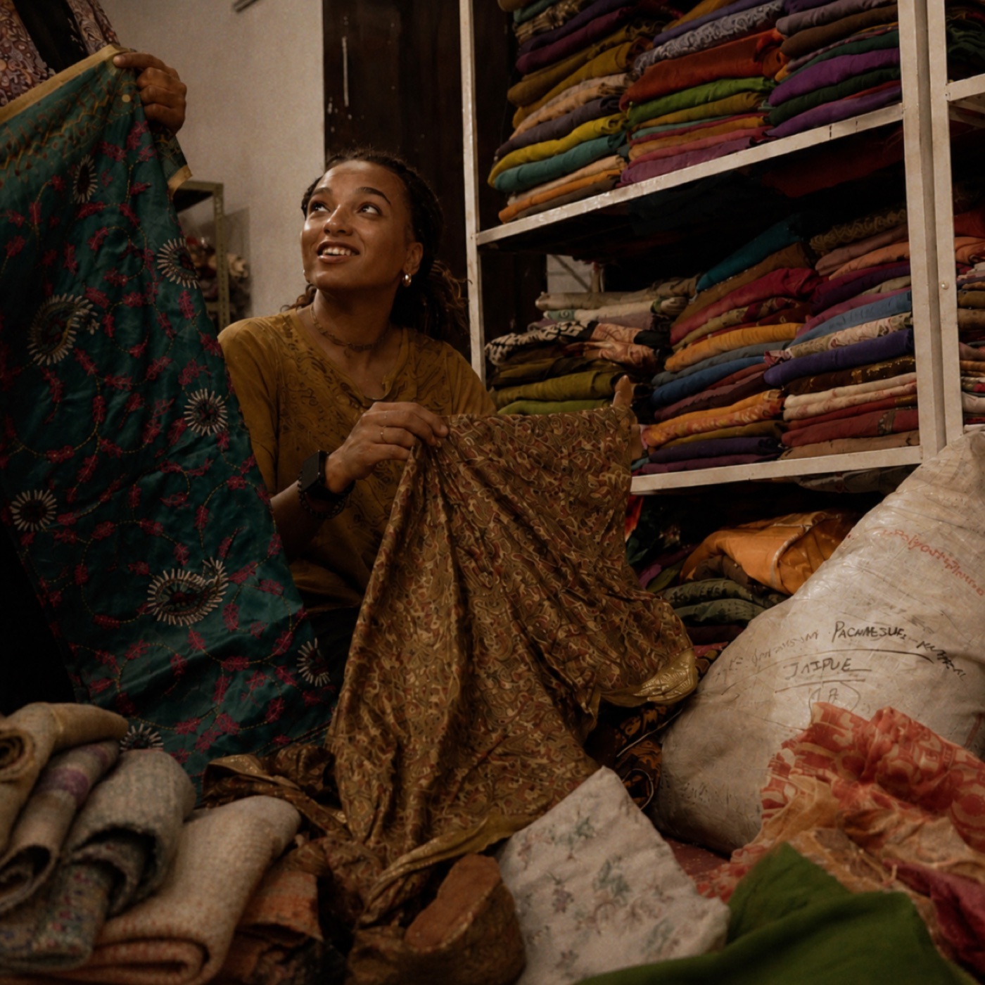 Selection de saris anciens dans un atelier textile