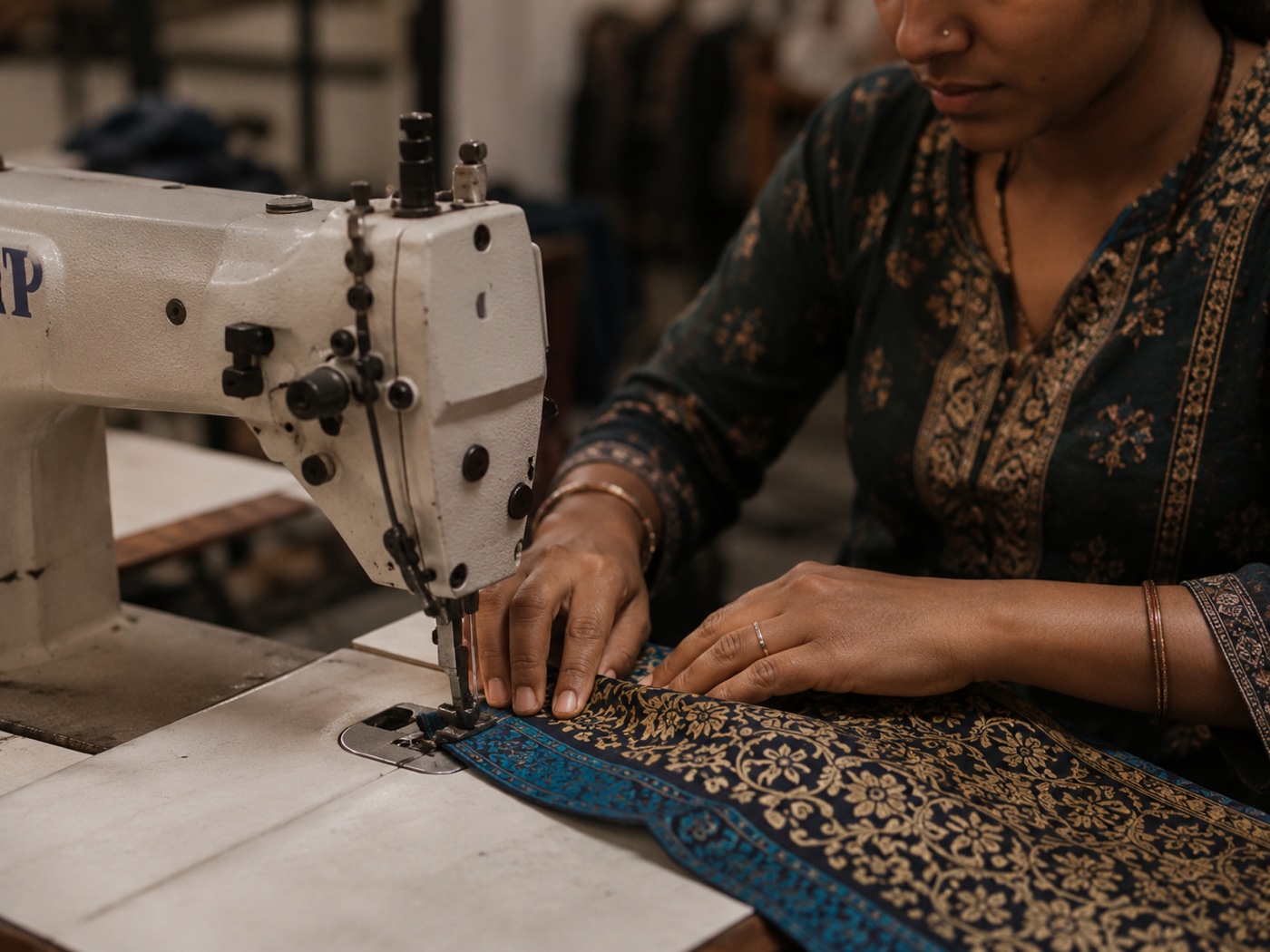 Couture artisanale d'un tissu OHRA a la machine